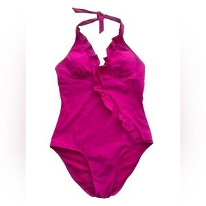 Spanx ASSETS Halter Glamour Ruffle One 1-Piece SwimSuit Size XL Fuchsia